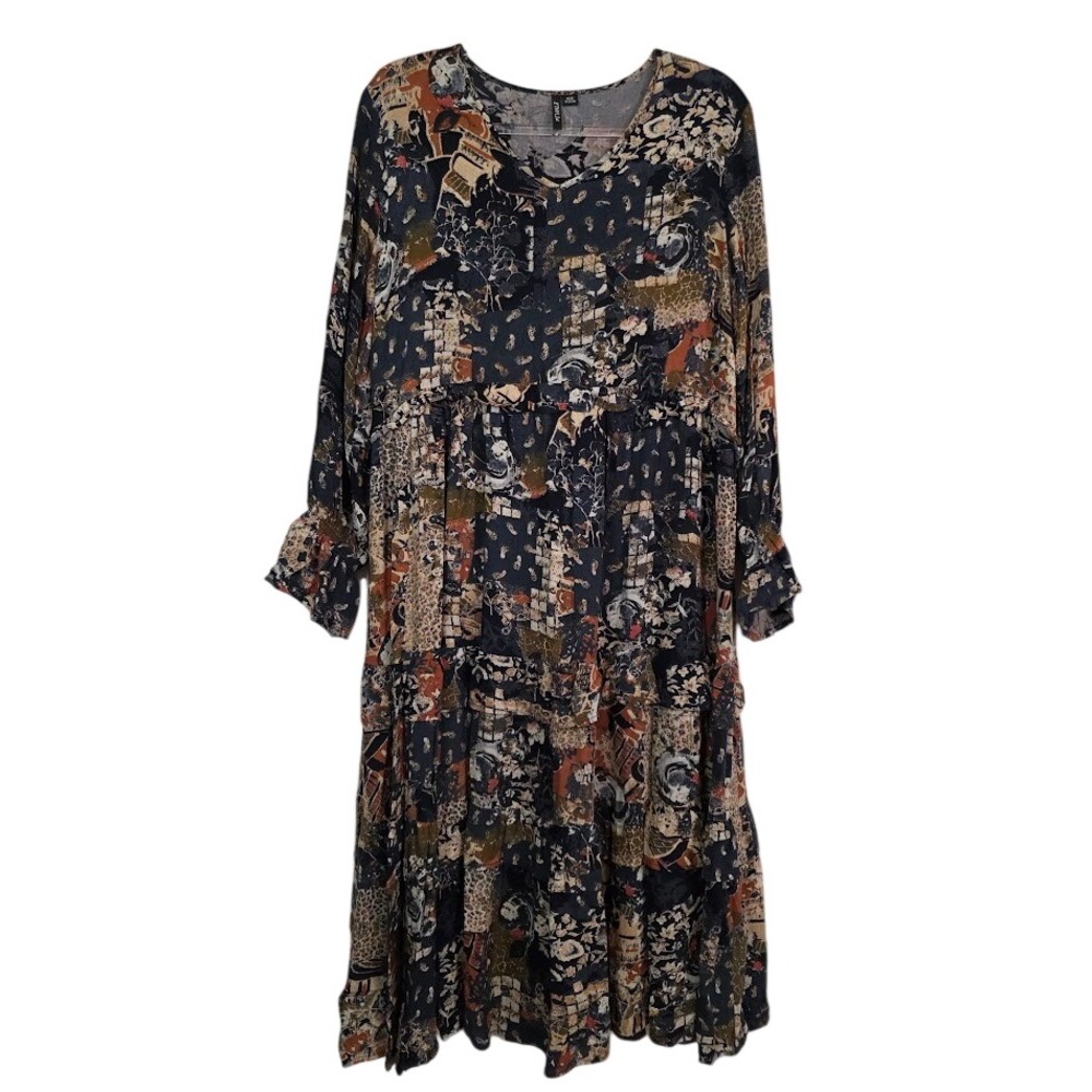 Ethyl XL Boho Tiered Midi Dress Multi Color Patchwork Floral Animal Rayon